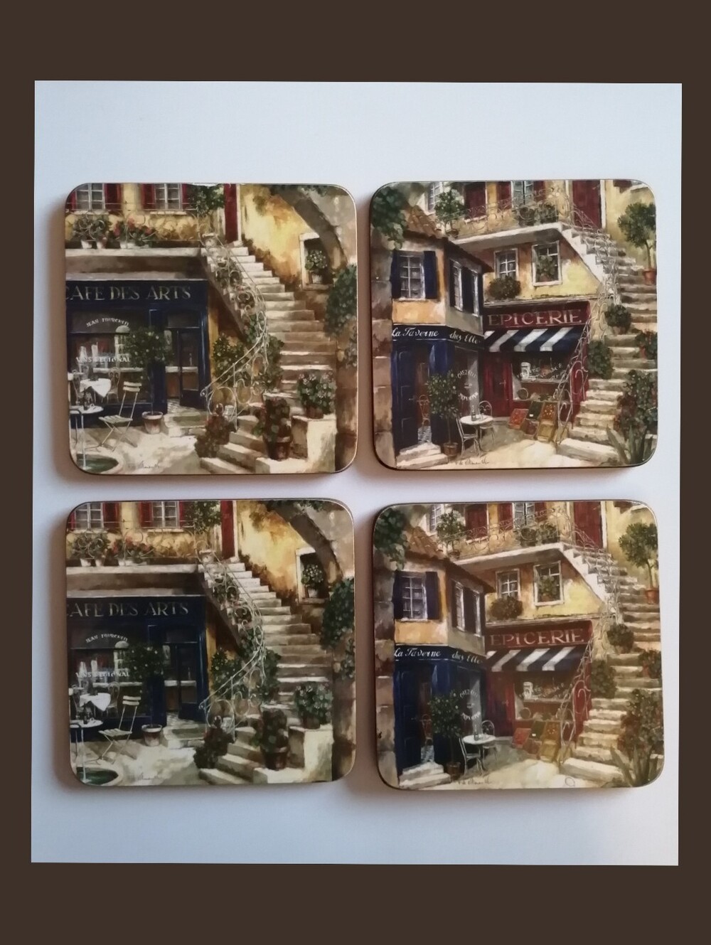 Vintage Fabrice de Villeneuve Artwork Square Cork-backed Plastic Coasters (4)